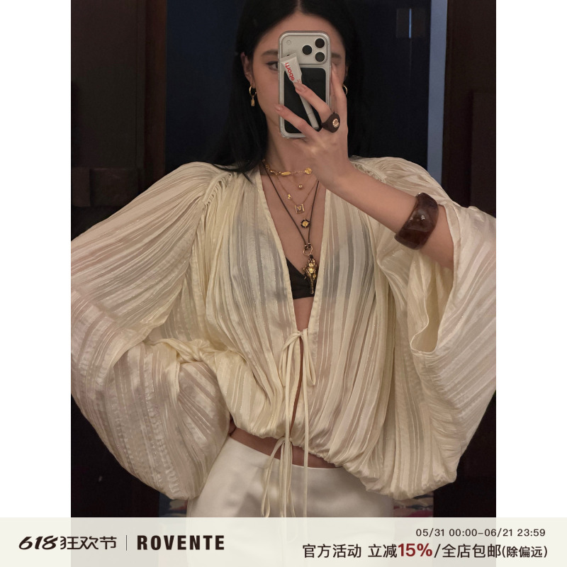 Rovente Fairy Arrival White Loose Drawstring Shirt Women's Long Sleeve Summer Slightly See-Through Socialite Short Top Rovente Fairy Arrival White Loose Drawstring Shirt Women's Long Sleeve Summer Slightly See-Through Socialite Short Top