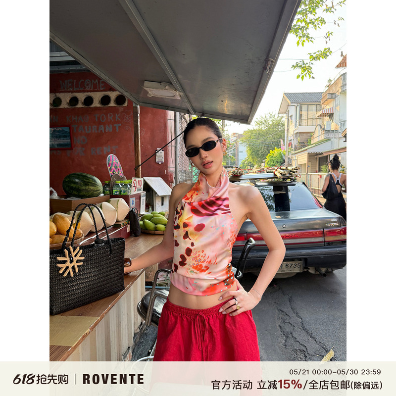Rovente Phuket Summer Pink Printed Stand Collar Short Vest Camisole Women's Summer Hot Girl Sleeveless Top