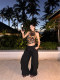Rovente American Style Black Long Casual Pants for Women, Loose-Fitting Floor-Length Straight-Leg Low-Waist Cargo Pants