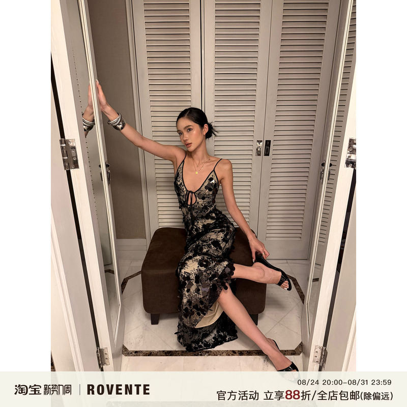 Rovente Dark Night Beauty Black Sequin Deep V Dress Women's Slim Fit Bodycon Vacation Birthday Dress Long Dress
