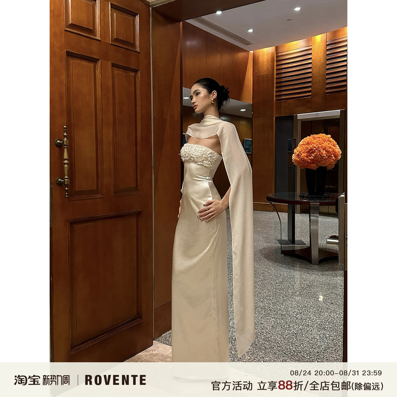 Rovente Flowing Feast White Strapless Dress Women's Slim Fit Shawl Sequin Celebrity Gown Long Dress
