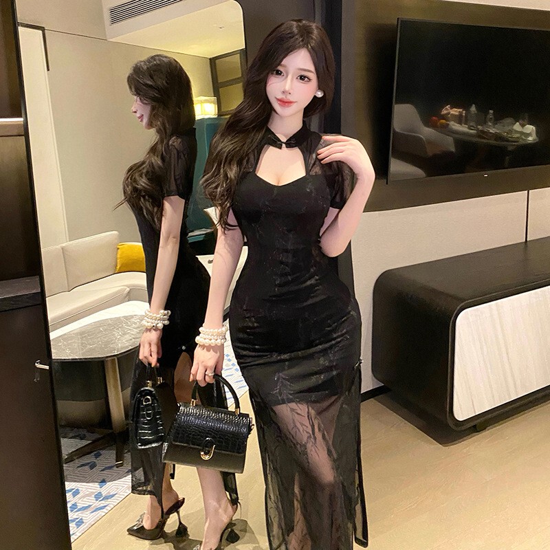 Elegant Spa Technician Work Uniform, High-End Soft-Style Massage Therapist Dress, Mesh Cover-Belly, Body-Hugging Black Long Dress Elegant Spa Technician Work Uniform, High-End Soft-Style Massage Therapist Dress, Mesh Cover-Belly, Body-Hugging Black Long Dress