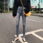 Xuân-Hè 2018 phiên bản mới của Hàn Quốc mỏng lưới màu đỏ với quần jeans nữ cạp cao cạp cao chân bút chì quần jean đen nữ