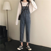 Net red sweet cool pants female spring and autumn 2021 New Korean version of loose small man age nine denim jumpsuit