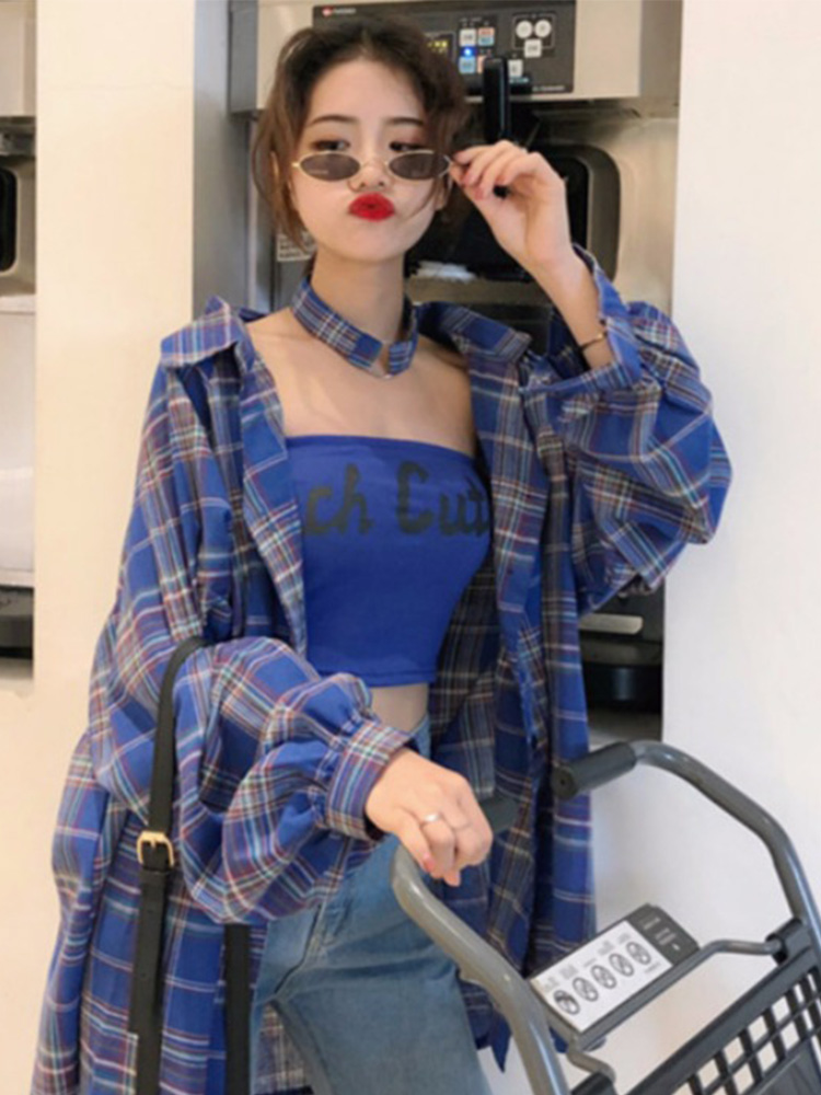 Spring and autumn 2022 new Korean version of the scheming top design sense of slim plaid shirt retro Hong Kong style long-sleeved shirt women