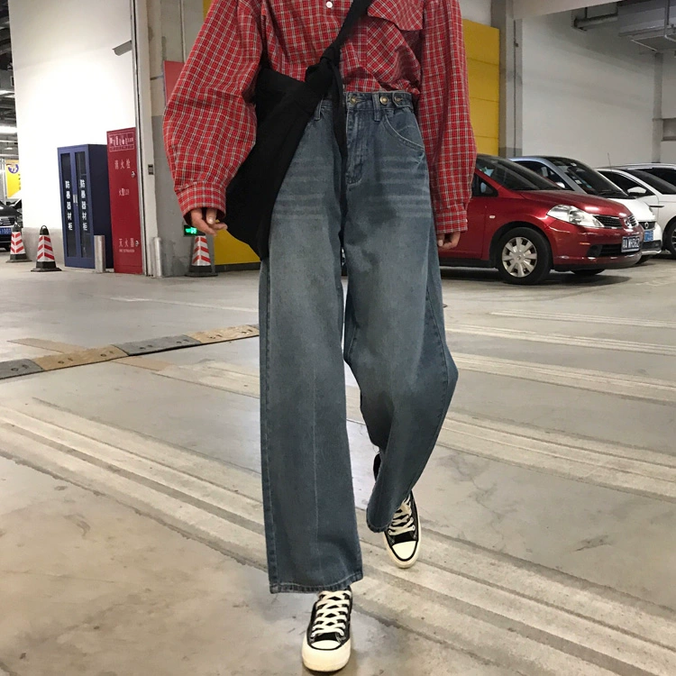 Xuân-Hè 2018 phiên bản mới của Hàn Quốc với chất liệu lưới mỏng màu đỏ với quần jeans nữ có thể điều chỉnh quần lưng cao rộng ống rộng
