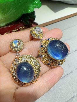 Natural aquamarine pendant 925 silver inlaid women's jewelry italian craftsmanship large particles