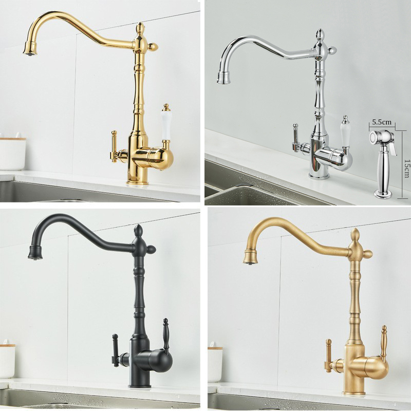 French-Style European Retro Single-Hole Kitchen Rotating Sink Three-In-One Hot and Cold Water Faucet Antique Copper Black Chrome Gold