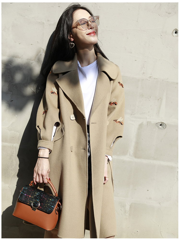 Áo khoác len hai mặt, áo khoác len chính hãng, ong thêu, áo hai dây, bộ đồ dài, cổ áo, cashmere áo phao nữ dáng ngắn hàn quốc