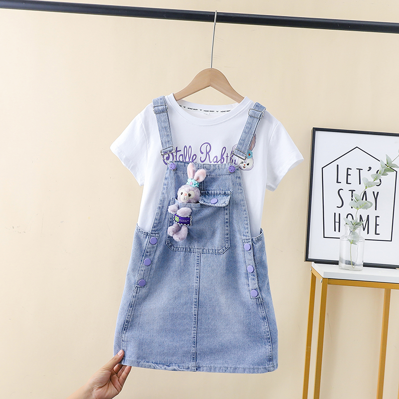 Girl Denim Harness Skirt Suit CUHK Child Han Version Fried Street Casual Short Sleeve T-shirt Pendant with skirt Two sets thin 9-Taobao