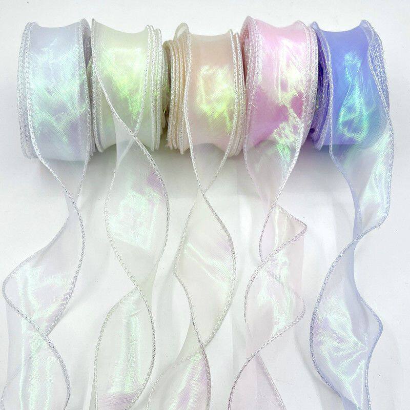 ริบบิ้นไหมพรมหางปลา ขนาด 4 ซม. แบบมีประกายสีมุก สำหรับห่อของขวัญ ตกแต่งกล่อง ริบบิ้นออโรราสุดแวววาว ริบบิ้นสำหรับเบเกอรี่ ริบบิ้นผ้าซาติน