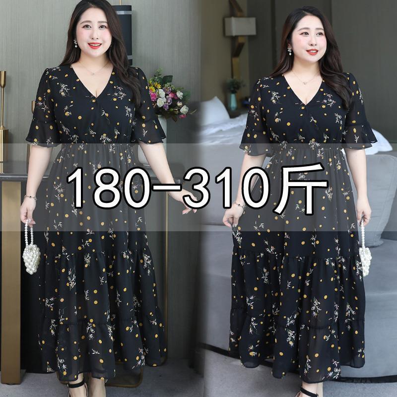 150kg Plus Size Women's Summer Dress for Chubby Women, Belly Covering, 240 Lbs, Stylish, Waist Slimming, Floral Chiffon Dress