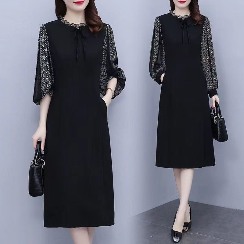 2026 New Autumn Fashion Long-Sleeved Dress Plus Size for Chubby Women, Slimming, Tummy-Covering, Mid-Length Black A-Line Dress