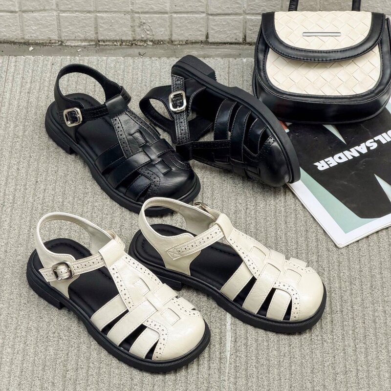 Large Size 41-43 Spring/Summer Flat Woven Hollow-Out Pig Cage Shoes, Water Ice 85976 Stoa Style