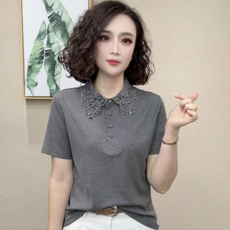 2026 Summer New Fashionable Cotton T-Shirt Versatile Age-Reducing Slimming Precise Lapel Short-Sleeve Women's Top