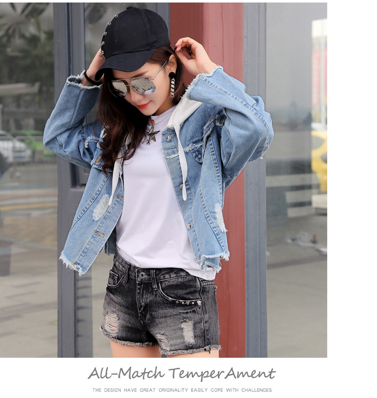 VK旗艦店 韓系時尚假連帽牛仔破洞寬松顯瘦長袖外套