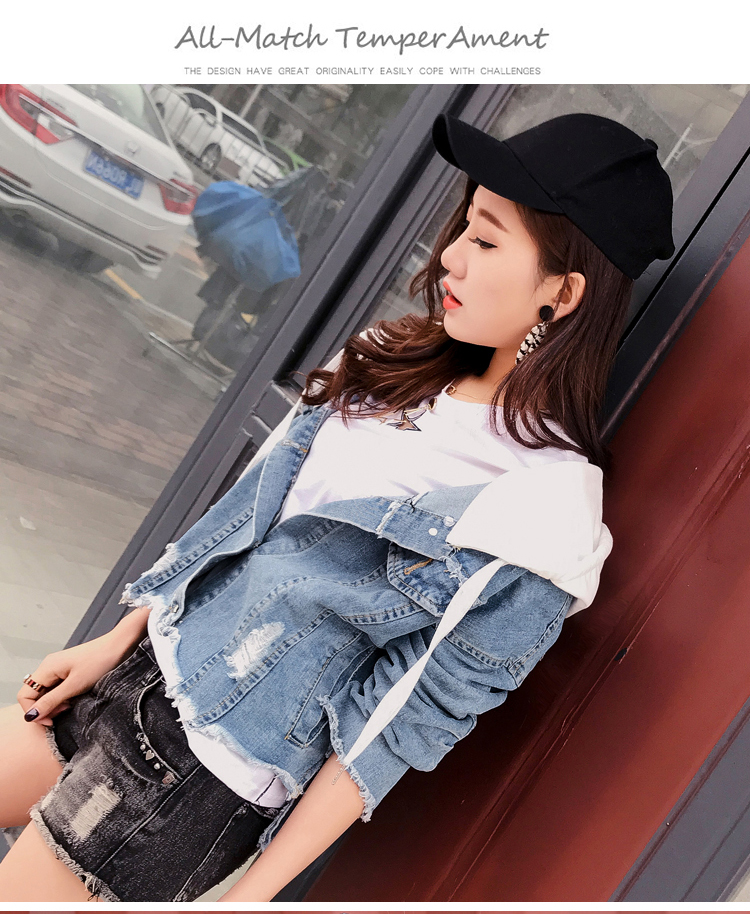 VK旗艦店 韓系時尚假連帽牛仔破洞寬松顯瘦長袖外套