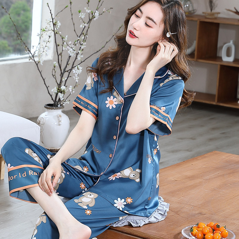 Ice Silk Short-Sleeved Long Pants Pajamas for Women Summer 2026 New Thin Silk High-End Loose-Fitting Home Wear Two-Piece Set