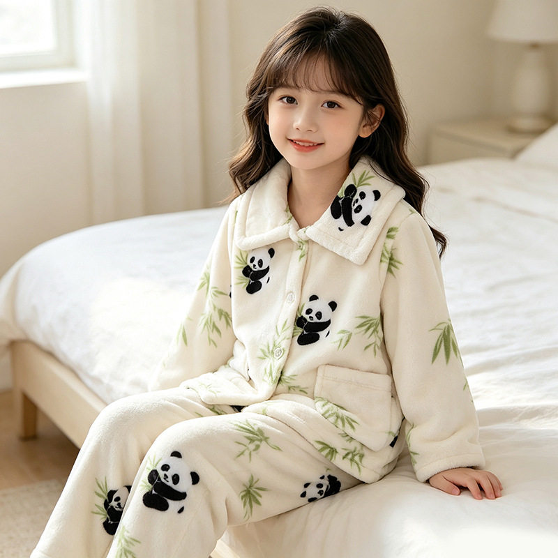 Autumn and winter children's flannel pajamas plus velvet and thickening girls' bamboo red panda duck home clothes inner clothes