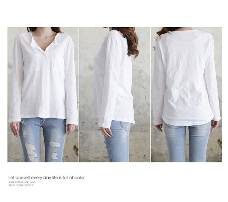 Mùa thu 2018 phiên bản Hàn Quốc của áo thun cotton dài tay cotton nữ cổ chữ V cỡ lớn rộng rãi cotton từ bi chạm đáy áo sơ mi thủy triều áo phông đẹp nữ