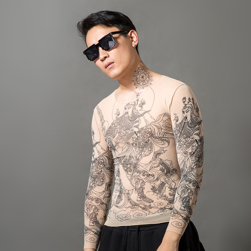 Tattoo Clothes Men's Summer Social Tight Printed T-Shirt Couple 3D Tattoo Guan Gong Vest Women's Long-Sleeved Flower Arm Sleeves