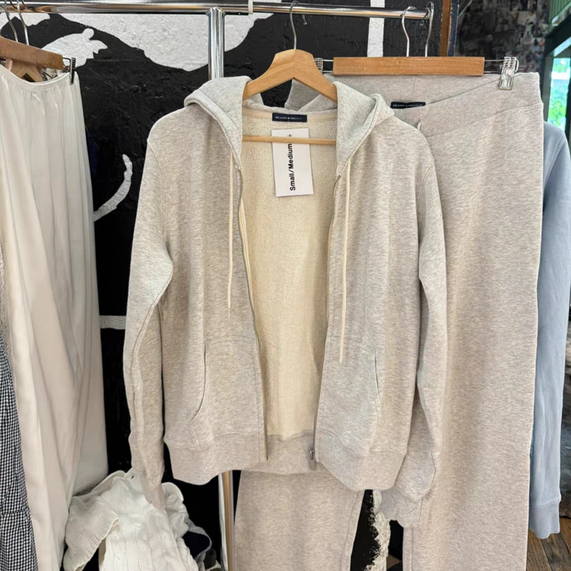 【Stay-At-Home Girl Style】Bm Light Gray Hooded Sweatshirt Official Website American-Style Kangaroo Pocket Slimming Versatile Zip-Up Jacket for Women