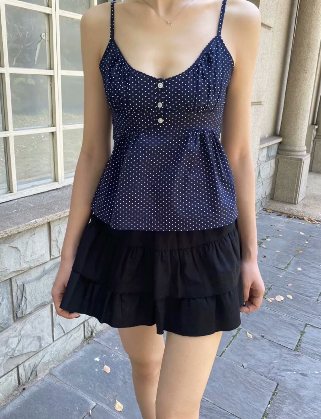 BM Dark Blue Lace Cami: New Summer Polka Dot Style Top - Detail image 3