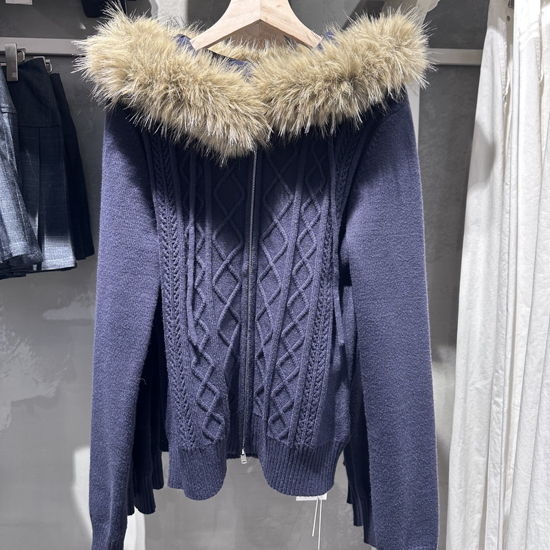 Wm Diamond-Patterned Fur Collar Knit Cardigan Bm Official Website American Style Solid Color Versatile Slimming Zipper Hooded Sweater Cardigan for Women