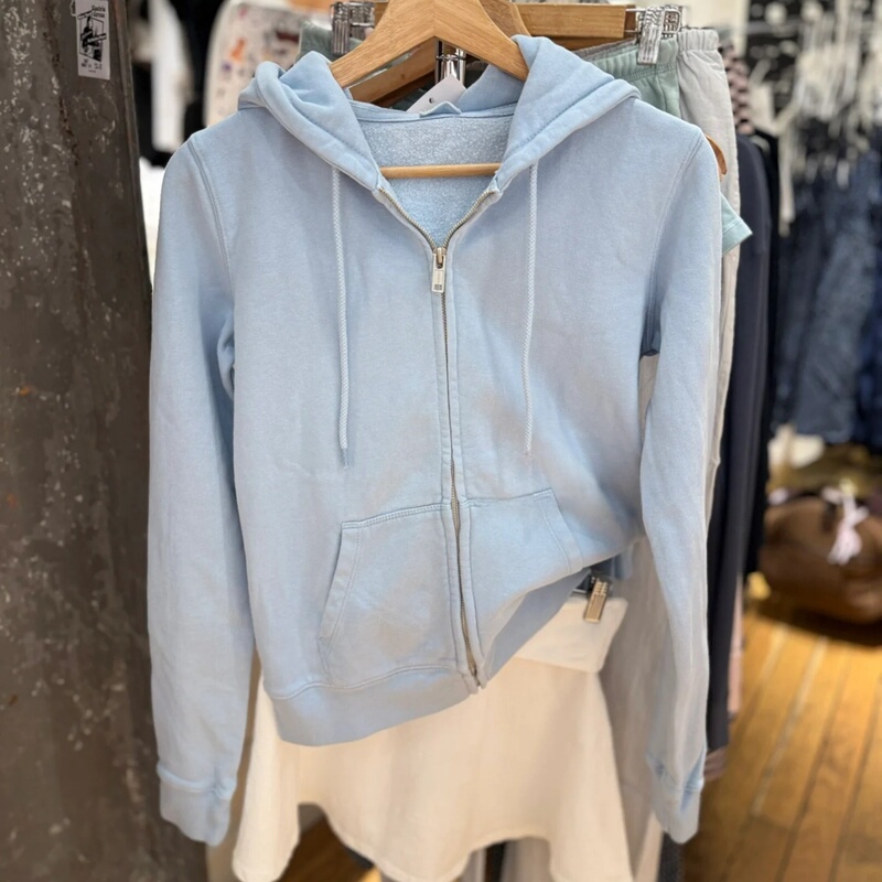 Bm Light Blue Casual Hooded Sweatshirt for Women Official Website Kangaroo Pocket Zipper Cardigan Short Slim Fit Trendy Top Jacket