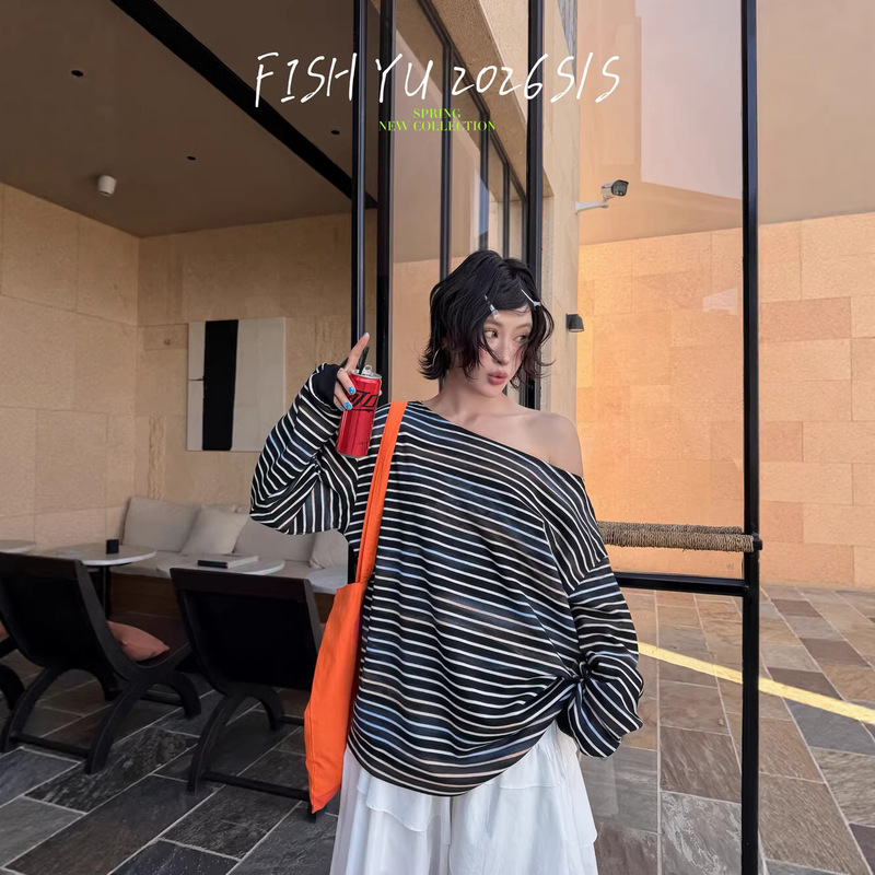 Authentic In-Stock Fishyu Early Spring New American Casual Style Spray-Painted Graffiti Off-Shoulder Loose Striped Long-Sleeve T-Shirt Authentic In-Stock Fishyu Early Spring New American Casual Style Spray-Painted Graffiti Off-Shoulder Loose Striped Long-Sleeve T-Shirt