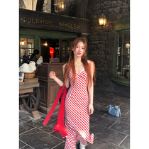 12YE French red plaid dress for women summer design sweet v-neck holiday suspender skirt long skirt with waist