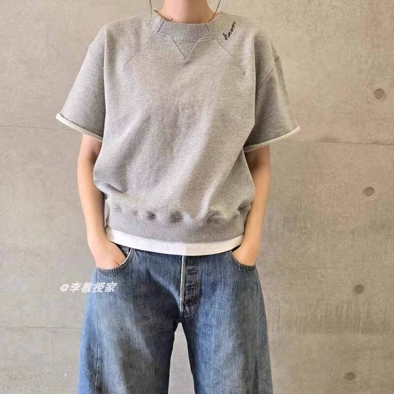 Professor Li's Korean Dongdaemun 2025 Spring the Porsche Embroidered Lettering Raglan Loose Short-Sleeve Shirt