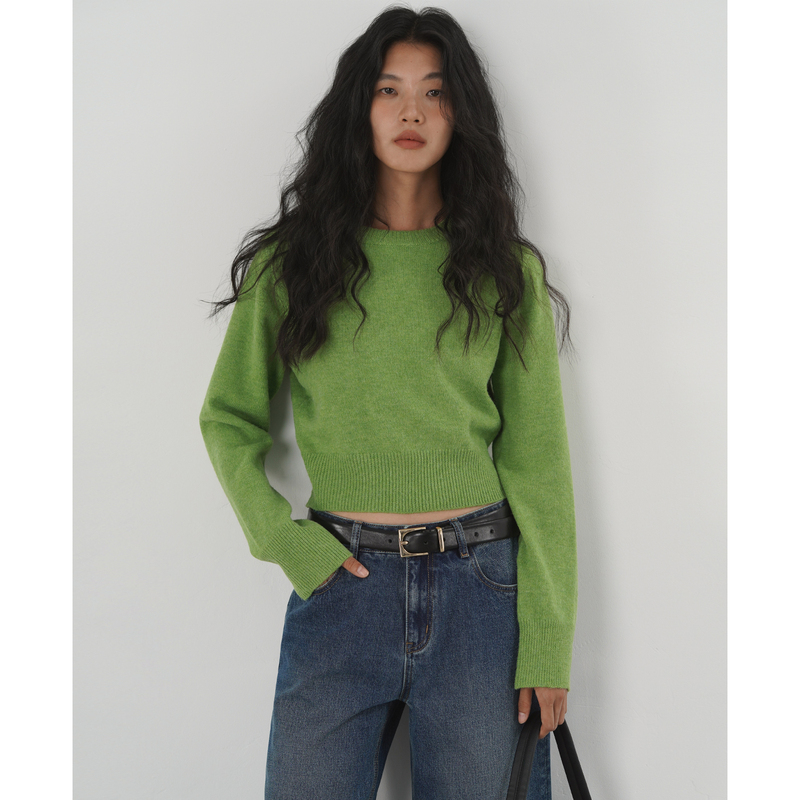 Eighthmonth American Retro Style Grass Green Short Sweater for Women, Autumn and Winter Round Neck High-Waisted Knit Top