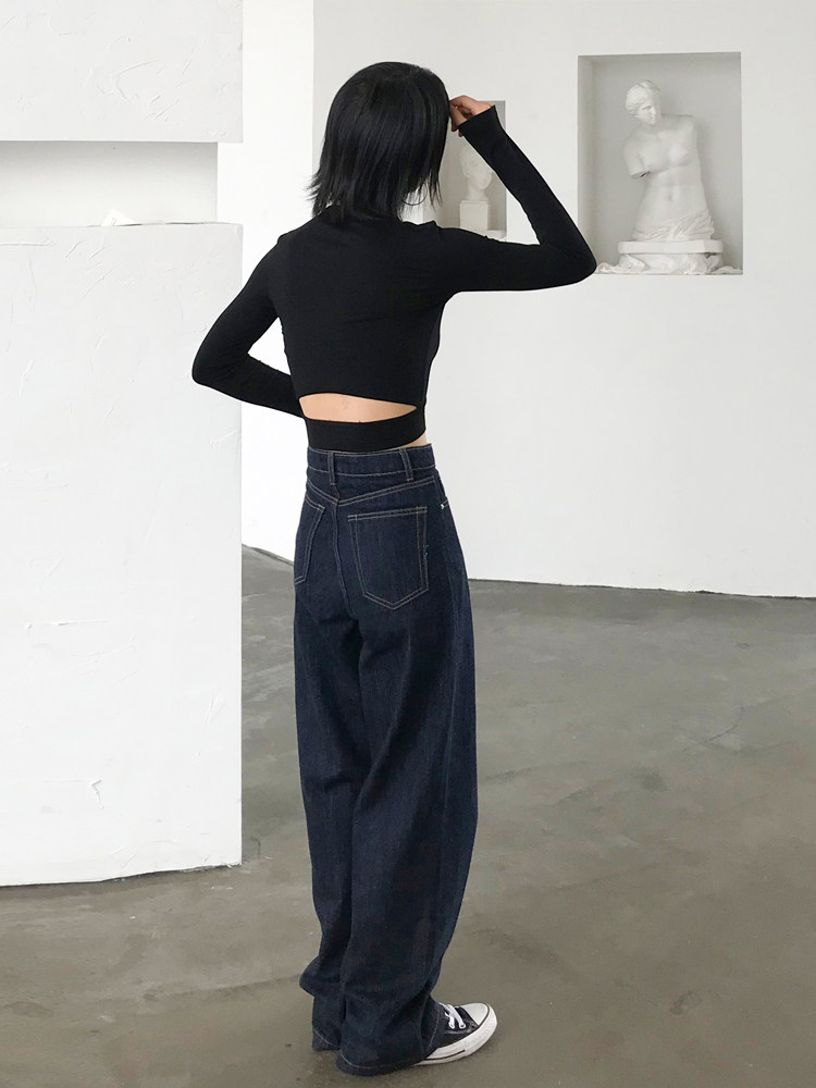 BAYUE August dark blue jeans women's spring and autumn high waist straight tube loose wide leg chic port taste mopping pants