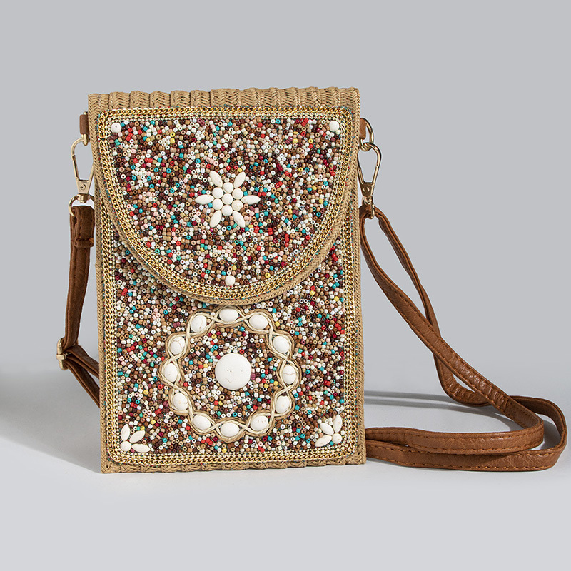 Bohemian Style Bag Rice Beads Turquoise Pattern Straw Small Crossbody Shoulder Bag Coin Purse Mobile Phone Bag for Women Bohemian Style Bag Rice Beads Turquoise Pattern Straw Small Crossbody Shoulder Bag Coin Purse Mobile Phone Bag for Women