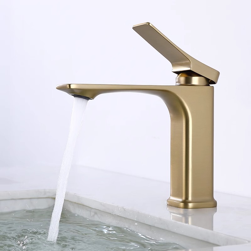 Psan Brushed Gold Undermount Basin Hot and Cold Water Faucet with Extended Spout, All-Copper Washbasin for Bathroom Sink
