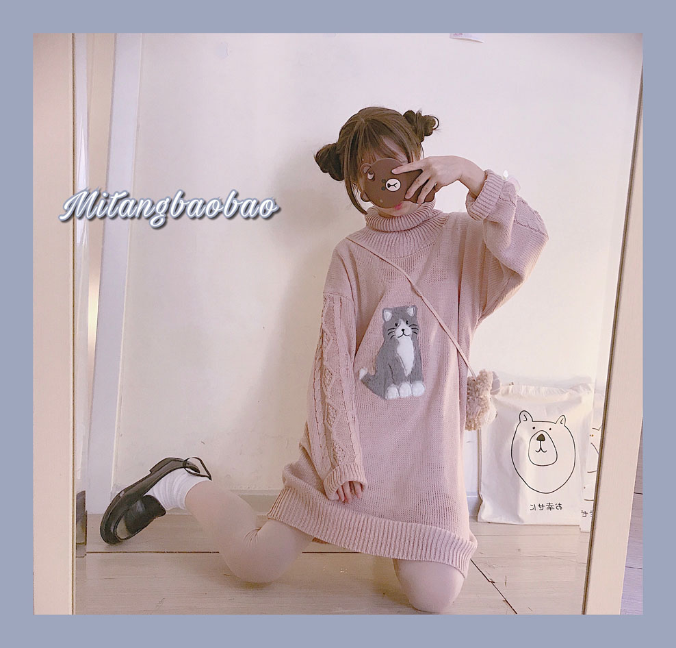 Mèo tự làm Furry Nhật Bản dễ thương xoắn lỏng dày dài phần cao cổ áo len mềm mại chị gái áo nữ công sở