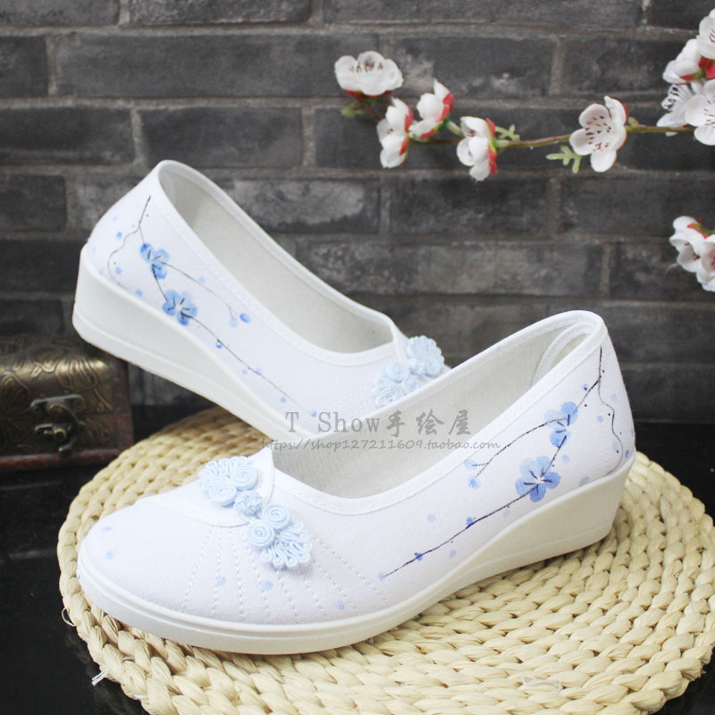 Mùa xuân và mùa thu vẽ tay hoa mận khóa cổ phong cách Hanfu Mori người phụ nữ văn chương đa năng thoải mái tăng miệng nông vải đơn giầy thể thao nữ màu trắng