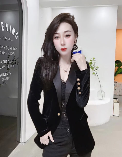 Gold velvet suit jacket for women 2024 spring new style top slim fit high-end temperament drapey black small suit