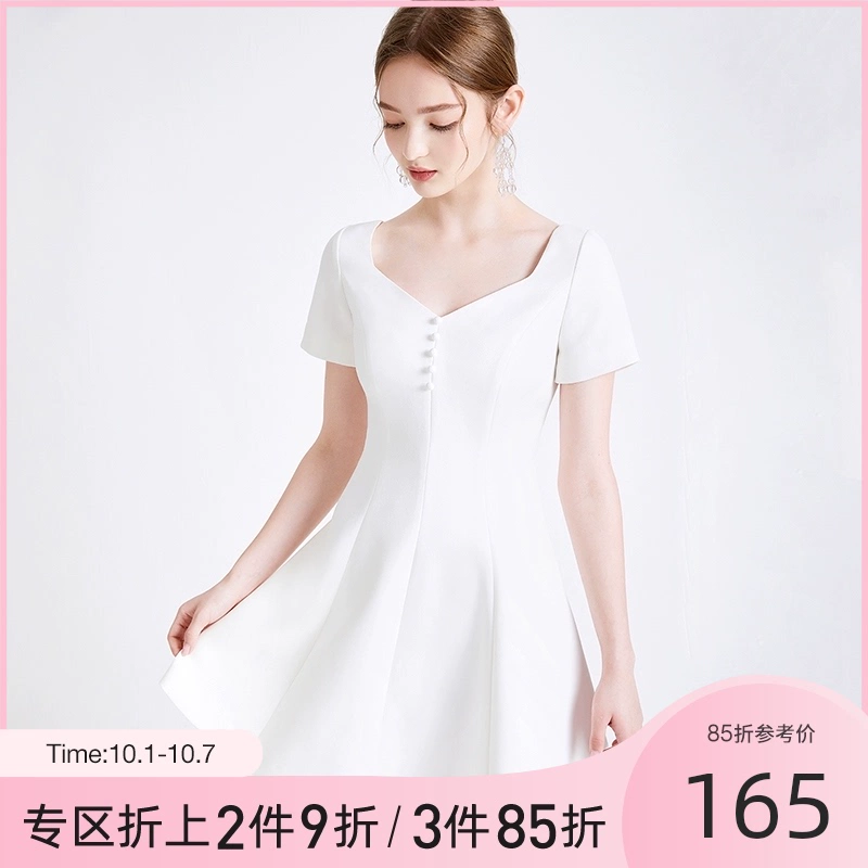 Tangli mùa hè mới màu trắng ngắn tay váy cổ chữ V nữ tính khí váy ngắn A-line eo cao - Váy eo cao