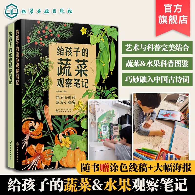 2冊組シリーズ：子ども向け果物と野菜の観察ノート（対象年齢3～6～8歳）。イラスト入り、自然科学、野菜と果物の観察ノート、小学生向けの課外読書、科学絵本、百科事典、興味を育む観察ノートなどが含まれています。