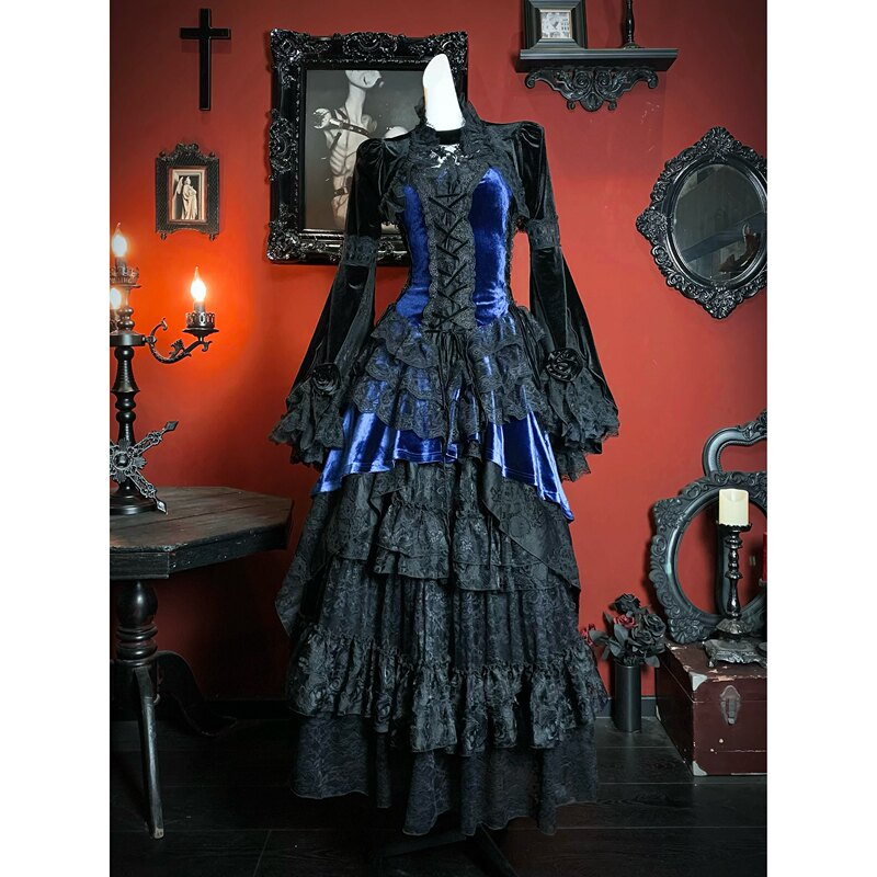 Youleting/Dark in Love Gothic Dark Blue Velvet Short Front Long Back Trailing Dress Dw1113