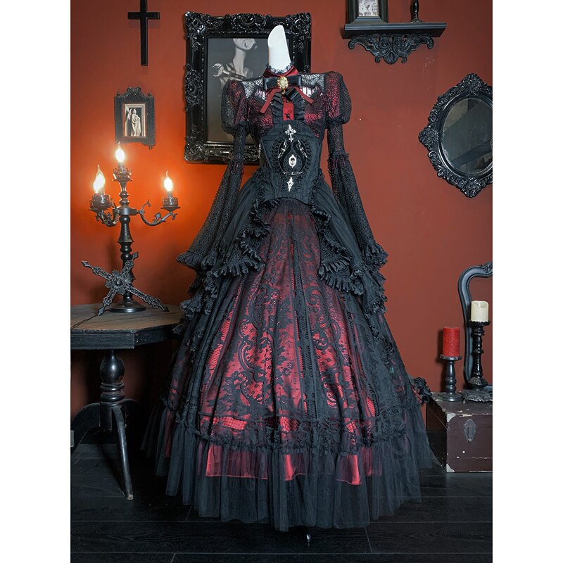 Youleting/Eva Lady Gothic Dark Lace Flared Sleeve Mid-Length Shirt Top Esht01901 02