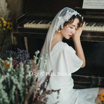Mori Super fairy National Wind retro Bride wedding veil handmade pearl lace flower soft yarn shape