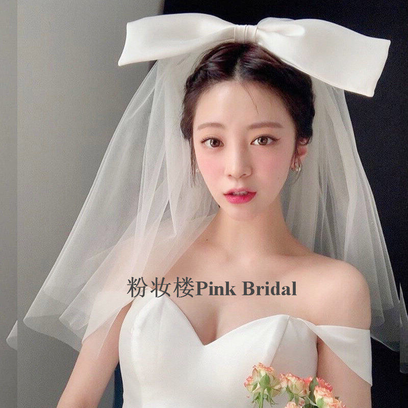 Korean-style big bow super fairy forest net red photo props short paragraph fluffy bride veil travel shooting style hard yarn