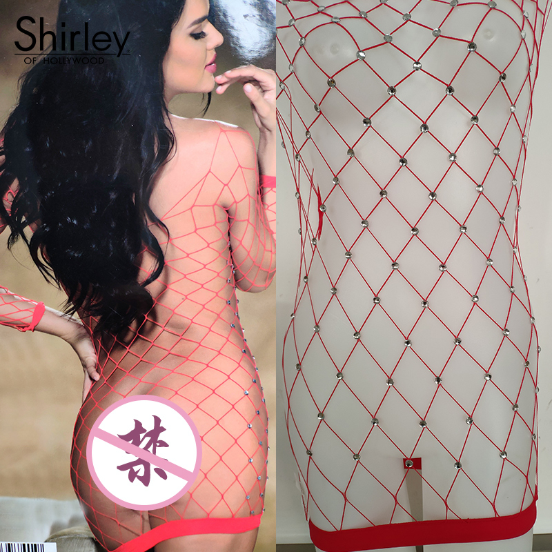 Mỹ Shirley rhinestone trang trí rỗng quần áo một mảnh lưới nữ trong suốt cám dỗ rỗng nóng gợi cảm đồ lót mỏng quần áo siết bụng giảm eo