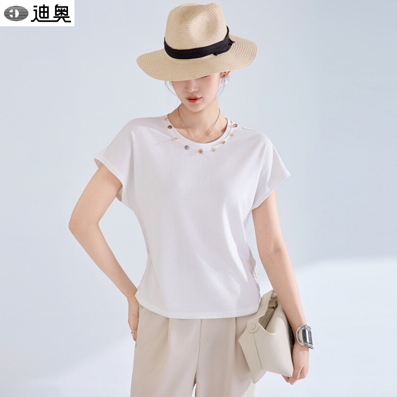 Dior Summer Short-Sleeve Women's 2026 New Luxury French Fashion Casual Beaded Shell Versatile Round-Neck T-Shirt