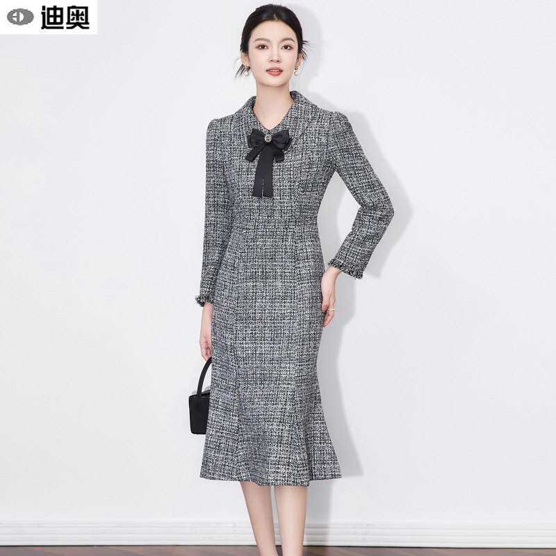 Dior French-Style Tweed Dress for Women, 2026 Spring and Autumn New Elegant Socialite Mid-Length Tweed Fishtail Dress