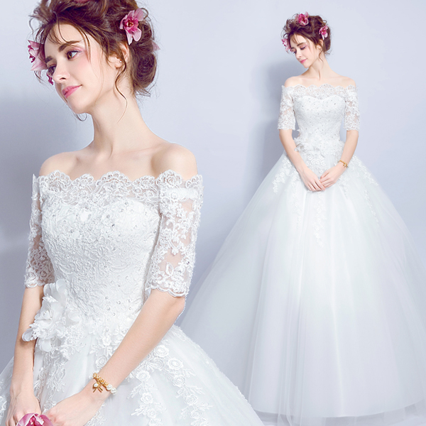 Angel wedding dress French style lace with a flat shoulder for the winter long sleeves Princess Bride wedding gown 1130