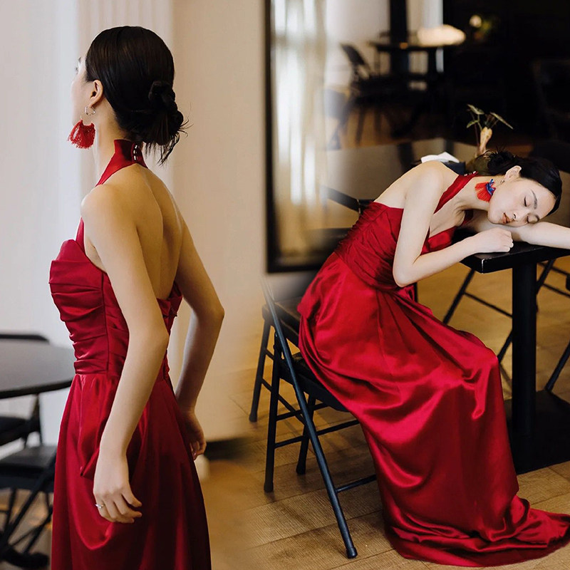 Socialite Style Burgundy Engagement Birthday Bride Evening Dress Toast Dress Wedding Dress Dressing Gown 2026 New Model 19818Qq